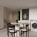 Soft Neutral Toned Modern Dining And Living Space With Round Marble Table And Elegant Chairs
