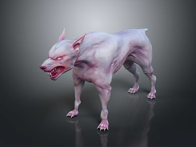 Ferocious Muscular Dog With Sharp Teeth Red Eyes And Pale Pink Skin 3d model