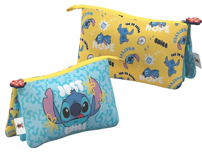Cute Stitch Themed Pouches With Yellow And Blue Colors And Ohana Prints 3d model