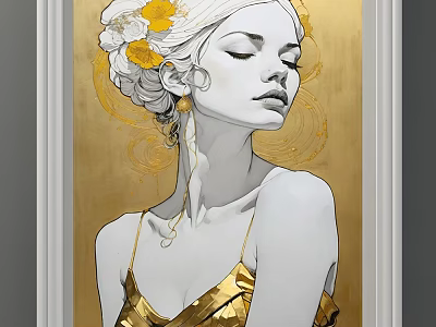 Figure Painting of Woman with White Hair Yellow Flowers Gold Strappy Dress and Gold Background 3d model