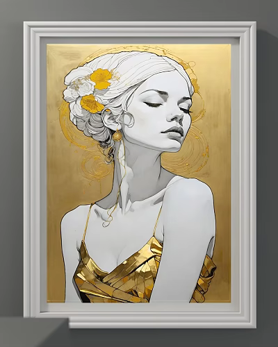 Figure Painting of Woman with White Hair Yellow Flowers Gold Strappy Dress and Gold Background 3d model