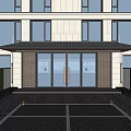 Entrance Gate With Glass Doors Black Canopy White Building Exterior Green Hedges And Gray Stone Pavement