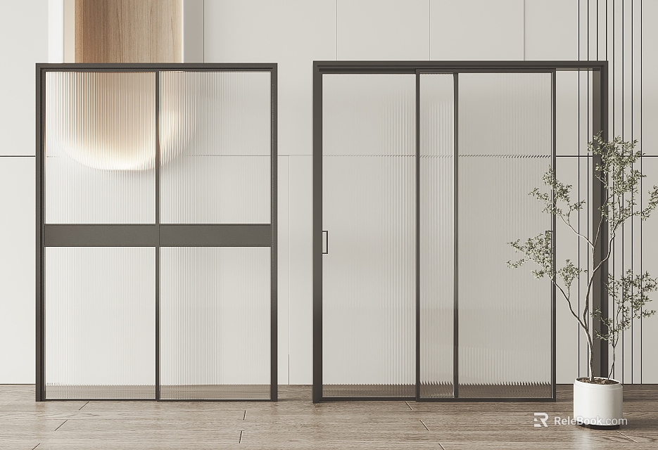 Modern Sliding Doors With Glass Panels And Black Metal Frame In Interior Design Space 3d model 