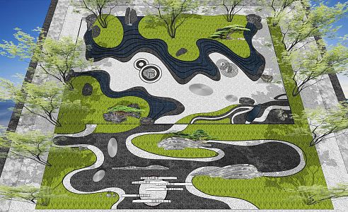 New Chinese style garden landscape dry landscape courtyard landscape curve streamline waterscape overlapping water 3d model