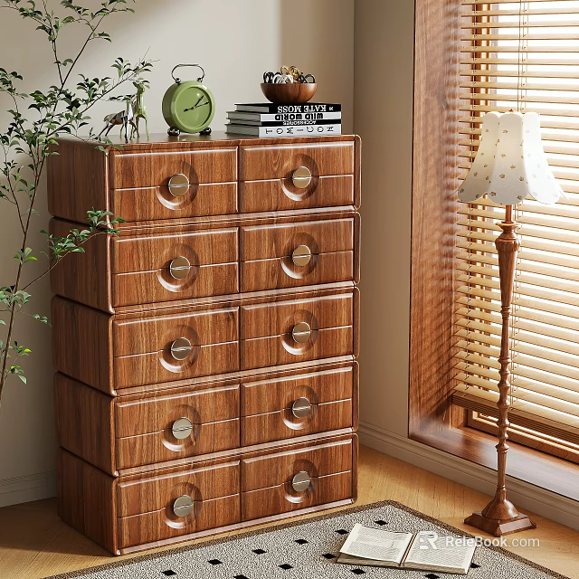Wooden Chest of Drawers with Green Plant Clock Books and Table Lamp Near Window Blinds 3d model 