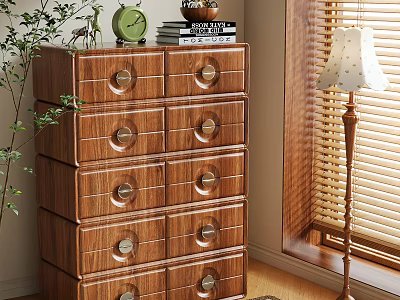 Wooden Chest of Drawers with Green Plant Clock Books and Table Lamp Near Window Blinds 3d model