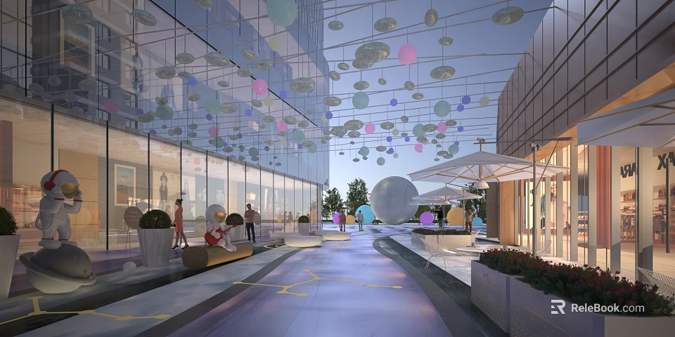 Modern Commercial Street With Glass Buildings Hanging Colorful Decorative Balls Pedestrians Shops And Green Plants 3d model 