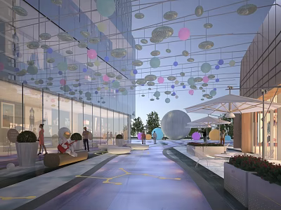 Modern Commercial Street With Glass Buildings Hanging Colorful Decorative Balls Pedestrians Shops And Green Plants 3d model