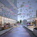 Modern Commercial Street With Glass Buildings Hanging Colorful Decorative Balls Pedestrians Shops And Green Plants