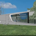Modern Guesthouse Building With Geometric Exterior Large Glass Windows Green Lawn and Trees