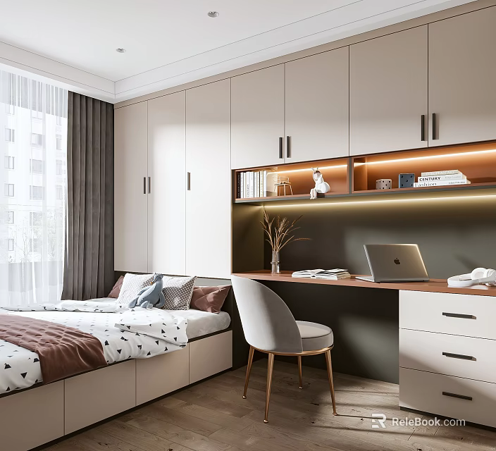 Modern Tatami Bedroom Design with Platform Bed Built in Storage Cabinets and Study Desk 3d model 