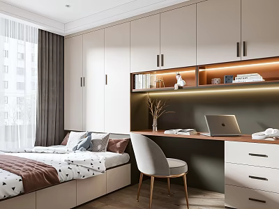 Modern Tatami Bedroom Design with Platform Bed Built in Storage Cabinets and Study Desk 3d model