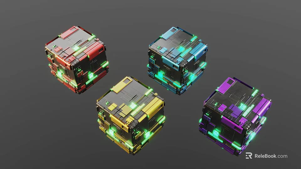 Vibrant Multicolored Cubes With Glowing Green Lines And Tech Inspired Details 3d model 