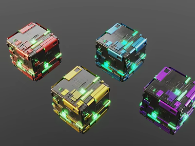Vibrant Multicolored Cubes With Glowing Green Lines And Tech Inspired Details 3d model