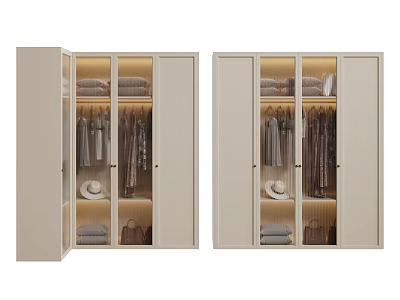 Modern Beige Wardrobe Interior With Open Doors Hanging Folded Clothes Hats And Bags 3d model
