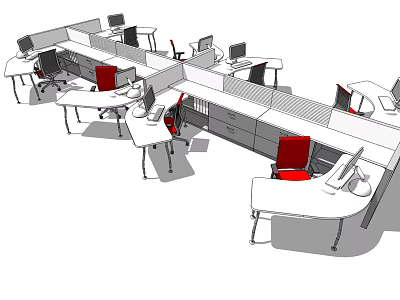 Modern Office Workstations With Partitions Red Chairs And Computer Monitors 3d model