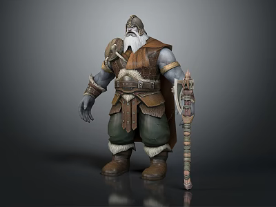 Fantasy Bearded Warrior Shaman Character In Brown Leather Armor Green Pants With Carved Creature Staff 3d model