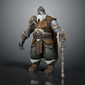Fantasy Bearded Warrior Shaman Character In Brown Leather Armor Green Pants With Carved Creature Staff
