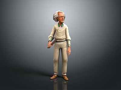 3D Model Man With White Hair Wearing Light Colored Outfit Holding Object On Gray Background 3d model