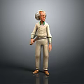 3D Model Man With White Hair Wearing Light Colored Outfit Holding Object On Gray Background