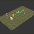 Outdoor Children's Playground Design With Green Slide Swings Climbing Frame And Grass Area