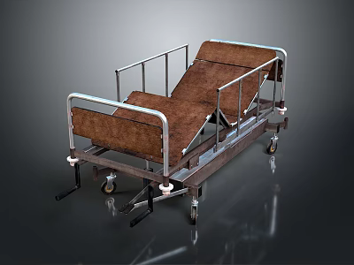 Sturdy Hospital Bed With Metal Frame Brown Mattress Side Rails And Wheels 3d model