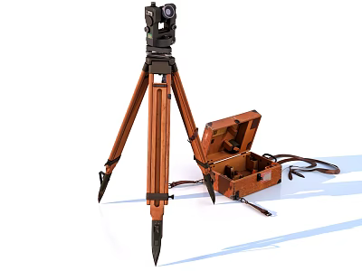 Industrial Surveying Equipment on Wooden Tripod with Open Brown Storage Case 3d model