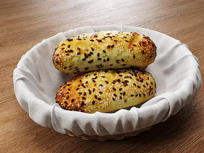Two Sesame Seeded Breads In Cloth Lined Basket On Wooden Table 3d model