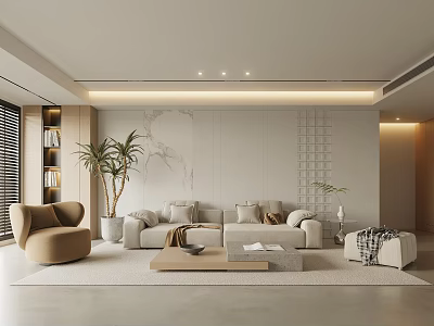 Modern Living Room Design With Neutral Sofa Plants And Minimalist Decor 3d model