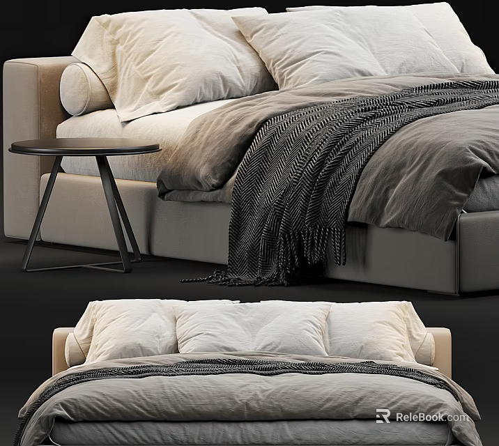 Double Bed Interior With Soft Pillows Gray Blanket And Wooden Nightstand 3d model 