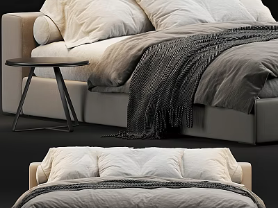 Double Bed Interior With Soft Pillows Gray Blanket And Wooden Nightstand 3d model