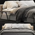Double Bed Interior With Soft Pillows Gray Blanket And Wooden Nightstand