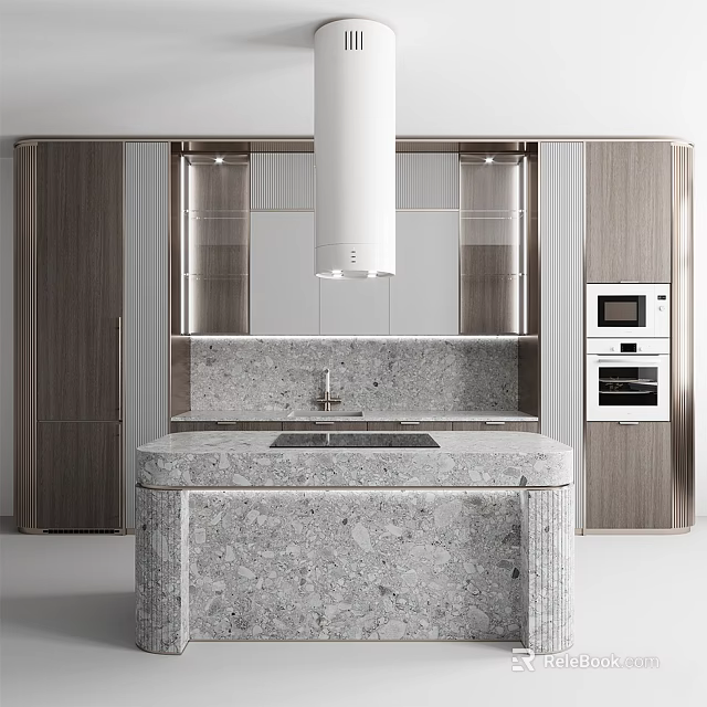 Modern Kitchen Interior Design Featuring Stone Island Counter And Wooden Cabinets 3d model 