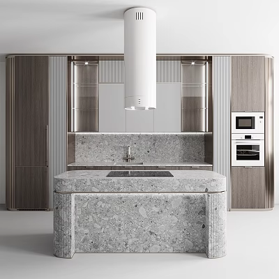 Modern Kitchen Interior Design Featuring Stone Island Counter And Wooden Cabinets 3d model