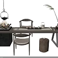 Natural Style Tea Table And Rattan Chairs With Wooden Tabletop Tea Set And Pendant Light