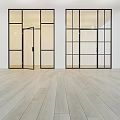 Modern Glass Doors With Black Frames And Various Designs In Indoor Wooden Floor Space