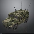 Camouflage Military Vehicle With Armored Body Multiple Antennas And Off Road Wheels