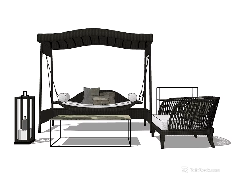 Outdoor Leisure Chairs With Canopy Swing Wicker Seating Coffee Table And Lantern Lamp 3d model 