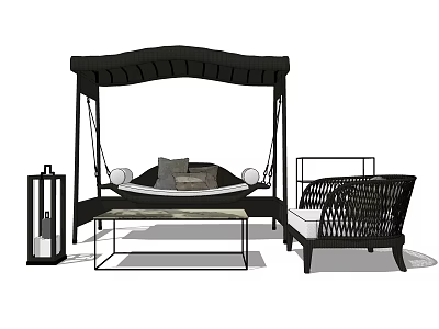 Outdoor Leisure Chairs With Canopy Swing Wicker Seating Coffee Table And Lantern Lamp 3d model