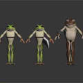 Three Animated Cartoon Frogs With Different Colors And Standing Poses