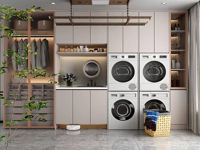 Modern Laundry Room Interior With Washing Machines Dryers Cabinets And Hanging Area 3d model
