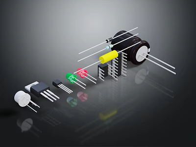 Electronic Components Including Resistors Capacitors And Diodes Arranged On Dark Surface With Reflection 3d model