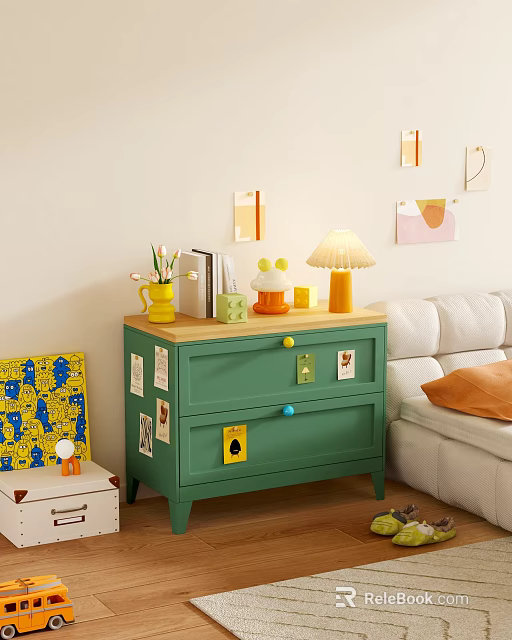 Green Chest of Drawers with Colorful Knobs Table Lamp Mug and Books in Living Room 3d model 
