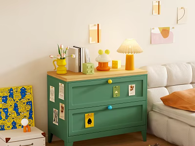 Green Chest of Drawers with Colorful Knobs Table Lamp Mug and Books in Living Room 3d model