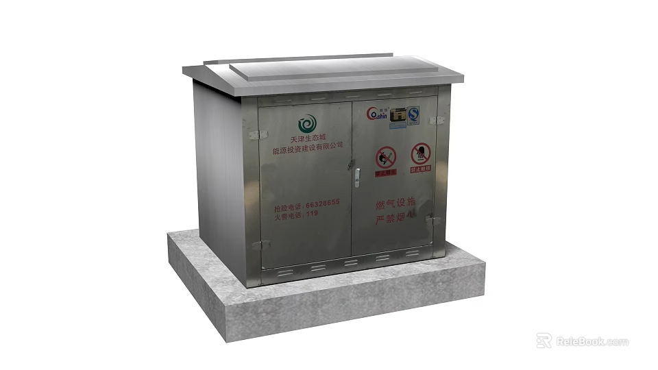 Urban Road Smart Utility Cabinet With Stainless Steel Body And Safety Signs 3d model 