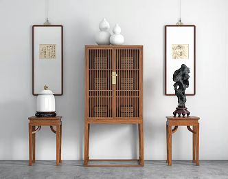 Chinese Style Bookcase Tea Cabinet Vertical Cabinet Flower Several Fragrant Several Hanging Picture Porcelain Bottle Taihu Stone Purple Sand Pot Tea Cup Iron Pot Bonsai 3d model
