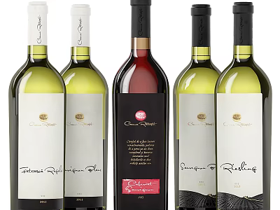 Stylish Wine Bottles And Glasses Display With Red White Wines And Unique Labels 3d model