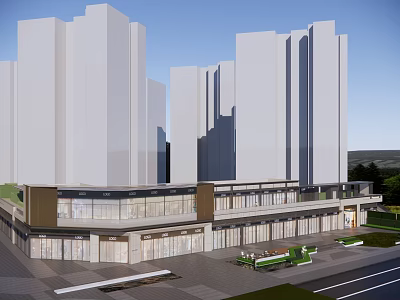 Modern Commercial Street With Glass Facade Retail Shops And Urban Pedestrian Walkway 3d model