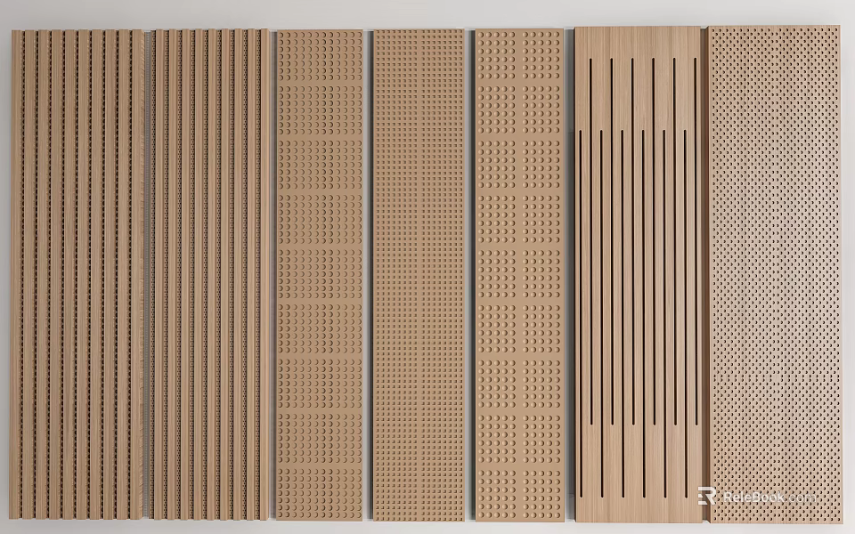 Wooden Decorative Panels Showing Perforated Striped And Textured Patterns 3d model 