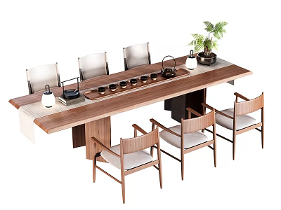 Natural Style Wooden Tea Table And Chairs With Tea Set And Green Plant 3d model